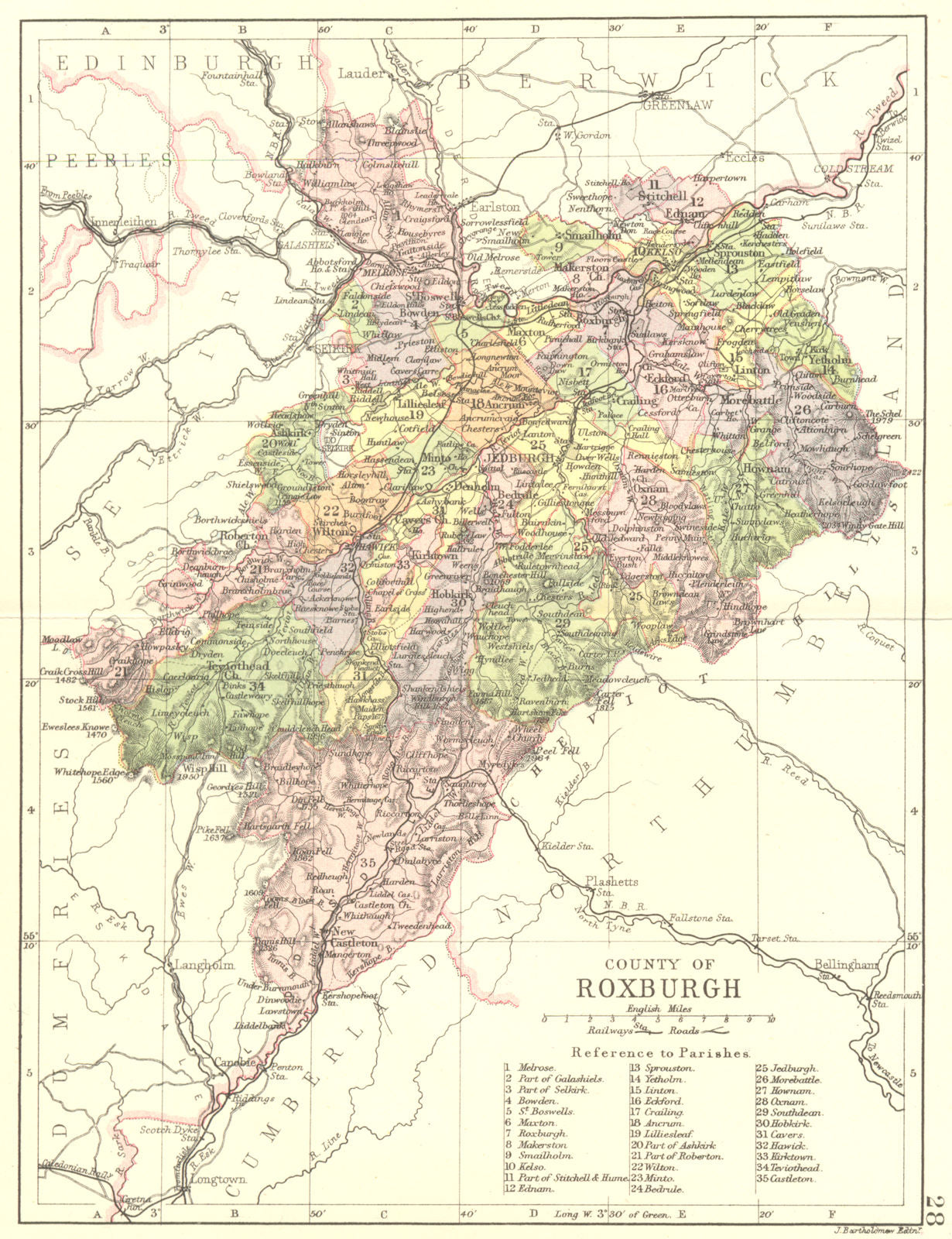 SCOTLAND. Roxburgh. Roxburghshire. Philip 1891 old antique map plan chart